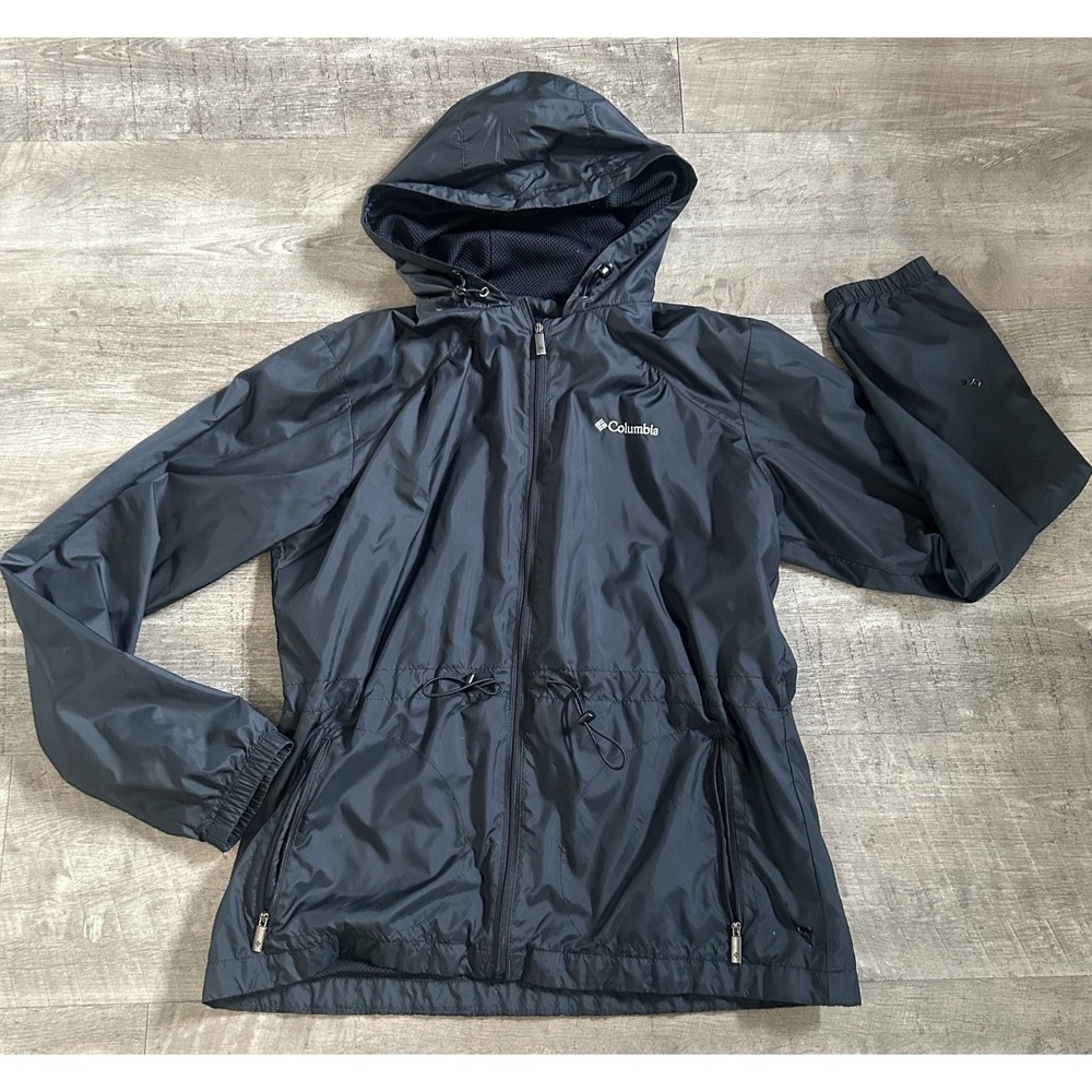 Columbia Windbreaker‎ Women's M Black Hood Lightweight Full Zip Cinch Waist